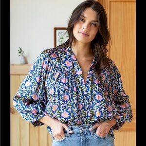 Emmaline Blouse - Blue Chrysanthemum Satin